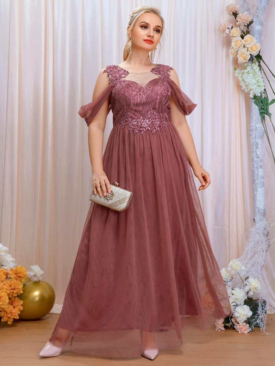 SHEIN Belle Plus Cold Shoulder Sequin Insert Contrast Lace Mesh Bridesmaid Dress - Redwood - View 1