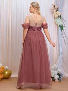 SHEIN Belle Plus Cold Shoulder Sequin Insert Contrast Lace Mesh Bridesmaid Dress - Redwood - View 2