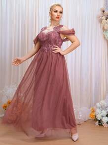 SHEIN Belle Plus Cold Shoulder Sequin Insert Contrast Lace Mesh Bridesmaid Dress - Redwood - View 3