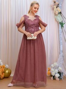 SHEIN Belle Plus Cold Shoulder Sequin Insert Contrast Lace Mesh Bridesmaid Dress - Redwood - View 5