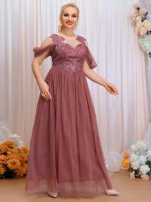 SHEIN Belle Plus Cold Shoulder Sequin Insert Contrast Lace Mesh Bridesmaid Dress - Redwood - View 6