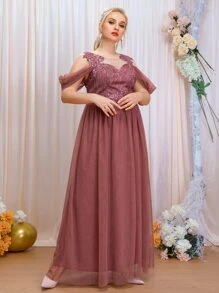 SHEIN Belle Plus Cold Shoulder Sequin Insert Contrast Lace Mesh Bridesmaid Dress - Redwood - View 7