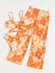 SHEIN Tween Girl 3packs Floral Print Wrap Bikini Set & Cover Up Pants Summer Beach - Orange - View 1