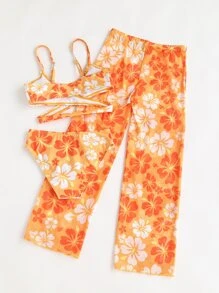 SHEIN Tween Girl 3packs Floral Print Wrap Bikini Set & Cover Up Pants Summer Beach - Orange - View 2