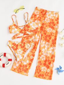 SHEIN Tween Girl 3packs Floral Print Wrap Bikini Set & Cover Up Pants Summer Beach - Orange - View 3