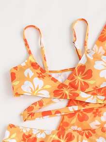 SHEIN Tween Girl 3packs Floral Print Wrap Bikini Set & Cover Up Pants Summer Beach - Orange - View 4