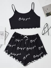 Letter Graphic Crop Cami Top & Bow Front Shorts PJ Set - Black - View 1
