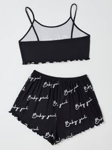 Letter Graphic Crop Cami Top & Bow Front Shorts PJ Set - Black - View 2