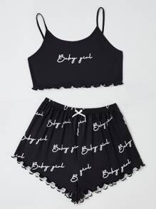 Letter Graphic Crop Cami Top & Bow Front Shorts PJ Set - Black - View 3
