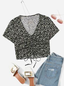 小碎花前抽繩襯衫 - 彩色 - 查看 1