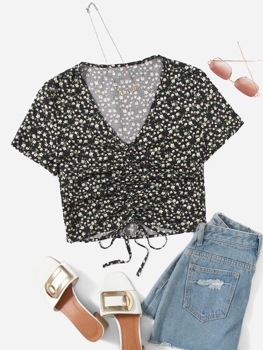 小碎花前抽繩襯衫 - 彩色 - 查看 1