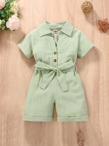 Baby Half Button Belted Romper - Mint Green - View 1