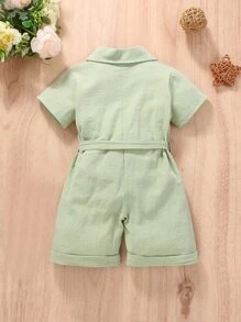 Baby Half Button Belted Romper - Mint Green - View 2
