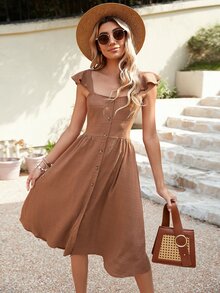 泡泡袖荷葉邊紋理質感連衣裙 - 紅木色 - 查看 5