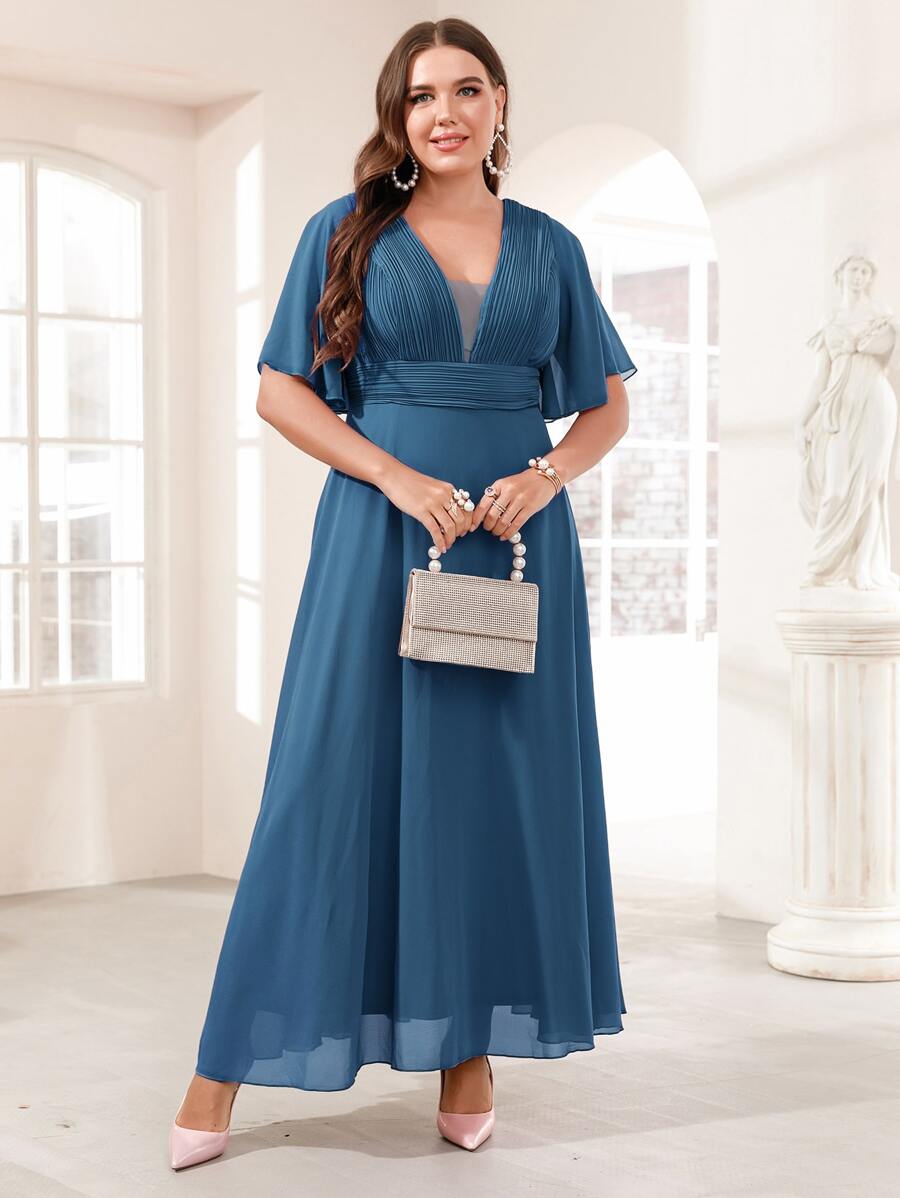 SHEIN Unity Plus Flutter Sleeve Plisse Chiffon Prom Dress - Dusty Blue - View 1