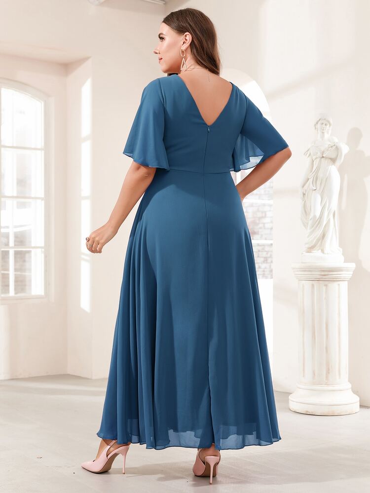 SHEIN Unity Vestido de fiesta de manga con volante plisado de gasa - Neblina azul - Añade 2