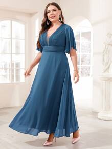 SHEIN Unity Plus Flutter Sleeve Plisse Chiffon Prom Dress - Dusty Blue - View 3