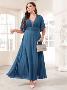 SHEIN Unity Plus Flutter Sleeve Plisse Chiffon Prom Dress - Dusty Blue - View 5