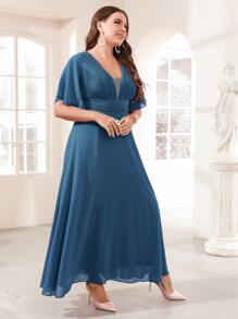 SHEIN Unity Plus Flutter Sleeve Plisse Chiffon Prom Dress - Dusty Blue - View 6