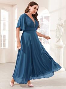 SHEIN Unity Plus Flutter Sleeve Plisse Chiffon Prom Dress - Dusty Blue - View 7