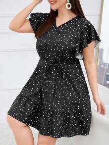 Đầm Plus Size Thắt lưng Xù Viên lá sen Hình học Tất cả trên in Giải trí - màu đen - Xem 2