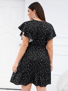 Đầm Plus Size Thắt lưng Xù Viên lá sen Hình học Tất cả trên in Giải trí - màu đen - Xem 3