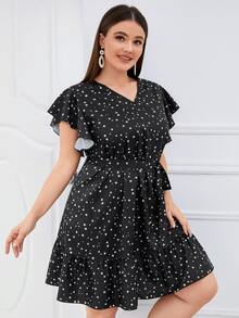 Đầm Plus Size Thắt lưng Xù Viên lá sen Hình học Tất cả trên in Giải trí - màu đen - Xem 4