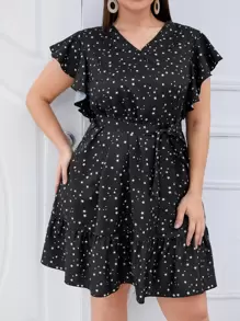 Đầm Plus Size Thắt lưng Xù Viên lá sen Hình học Tất cả trên in Giải trí - màu đen - Xem 1