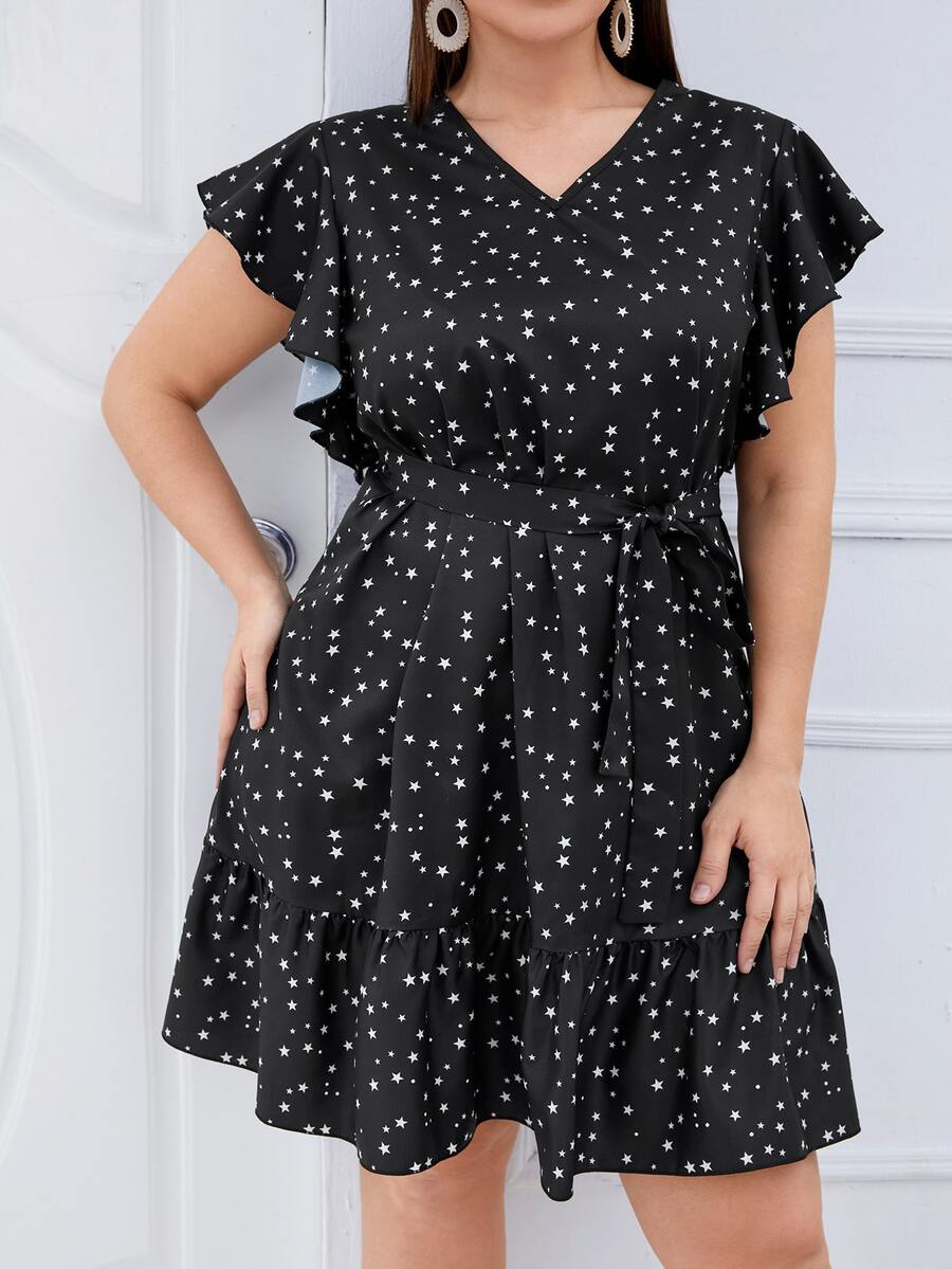 Đầm Plus Size Thắt lưng Xù Viên lá sen Hình học Tất cả trên in Giải trí - màu đen - Xem 1