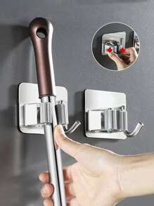 1入組粘性多用途掛鉤壁掛式拖把收納架刷子掃帚掛鉤廚房浴室強力掛鉤 - 銀色 - 查看 5