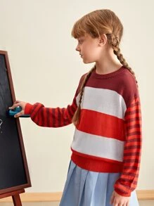 SHEIN Niñas Jersey de hombros caídos de rayas - Multicolor - Ver 3