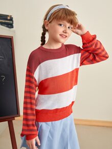 SHEIN Niñas Jersey de hombros caídos de rayas - Multicolor - Ver 4