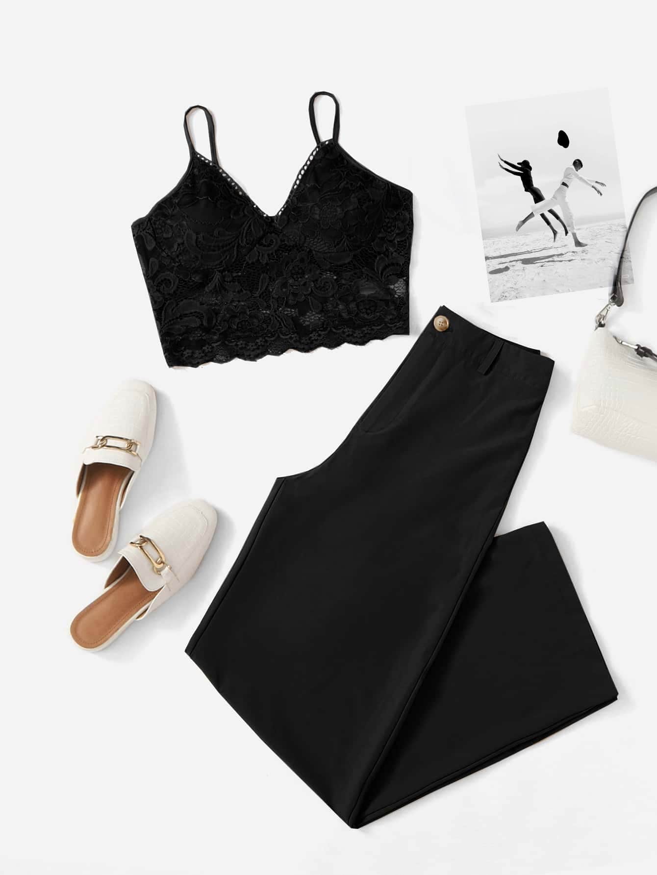 Franclia Lace Cami Top & Trousers - Black - View 1