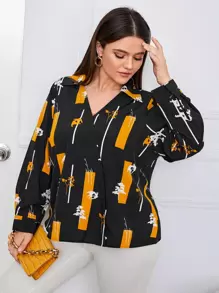 Camisa con estampado geométrico con planta - Negro - Ver 1