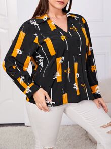 Camisa con estampado geométrico con planta - Negro - Ver 3