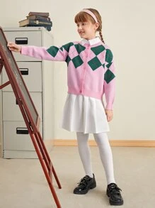 SHEIN Girls Drop Shoulder Argyle Pattern Cardigan - Baby Pink - View 1
