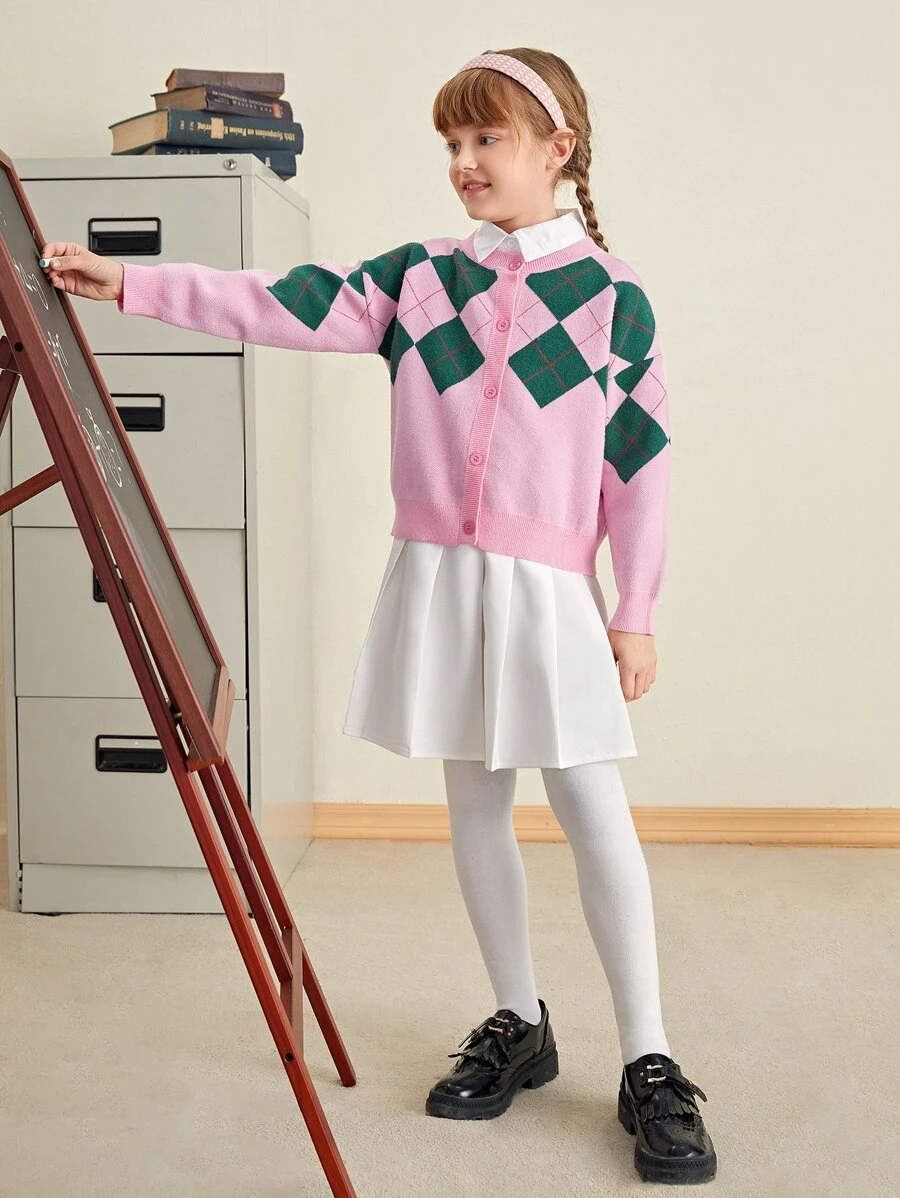 SHEIN Girls Drop Shoulder Argyle Pattern Cardigan - Baby Pink - View 1
