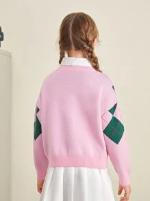 SHEIN Girls Drop Shoulder Argyle Pattern Cardigan - Baby Pink - View 2