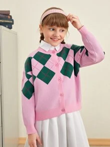 SHEIN Girls Drop Shoulder Argyle Pattern Cardigan - Baby Pink - View 4