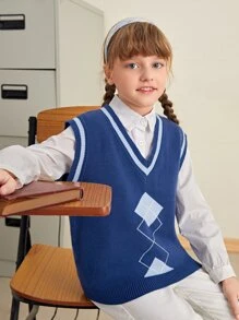 SHEIN Girls Striped Trim Argyle Pattern Vest Jumper - Blue - View 1