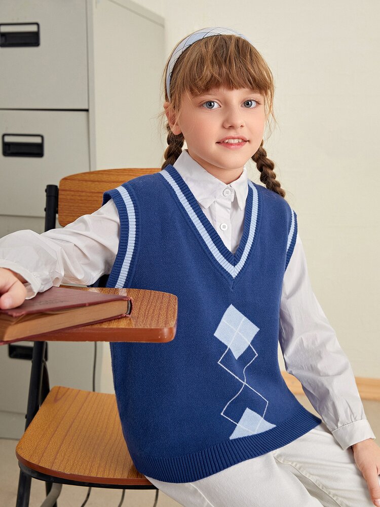 SHEIN Niñas ribete de rayas con patrón de rombo Chaleco Jersey - Azul - Añade 1