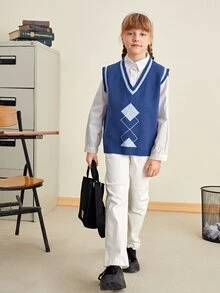 SHEIN Girls Striped Trim Argyle Pattern Vest Jumper - Blue - View 4