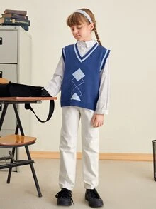 SHEIN Girls Striped Trim Argyle Pattern Vest Jumper - Blue - View 5