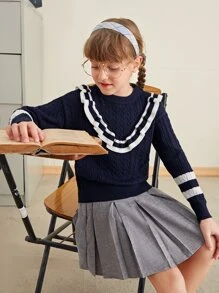 SHEIN Niñas Jersey de rayas ribete con fruncido - Azul Marino - Ver 1