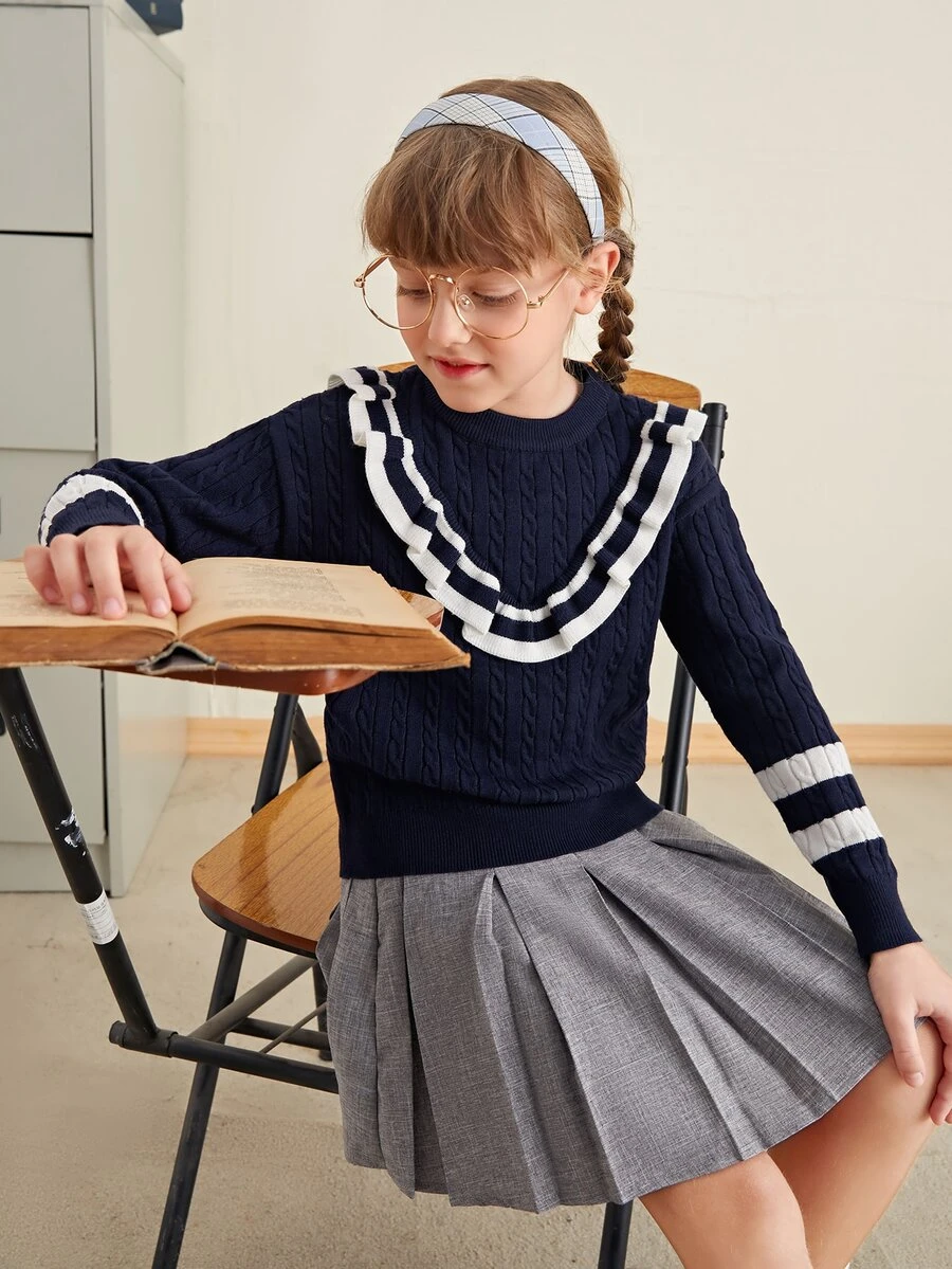 SHEIN Niñas Jersey de rayas ribete con fruncido - Azul Marino - Ver 1