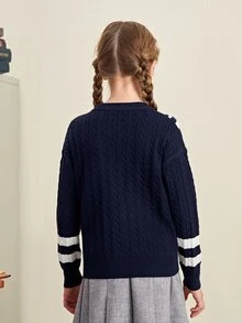 SHEIN Niñas Jersey de rayas ribete con fruncido - Azul Marino - Ver 2