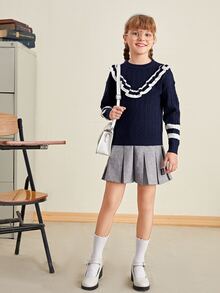 SHEIN Niñas Jersey de rayas ribete con fruncido - Azul Marino - Ver 3