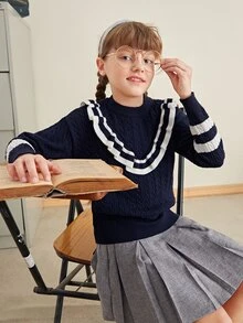 SHEIN Niñas Jersey de rayas ribete con fruncido - Azul Marino - Ver 4