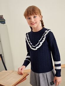 SHEIN Niñas Jersey de rayas ribete con fruncido - Azul Marino - Ver 5