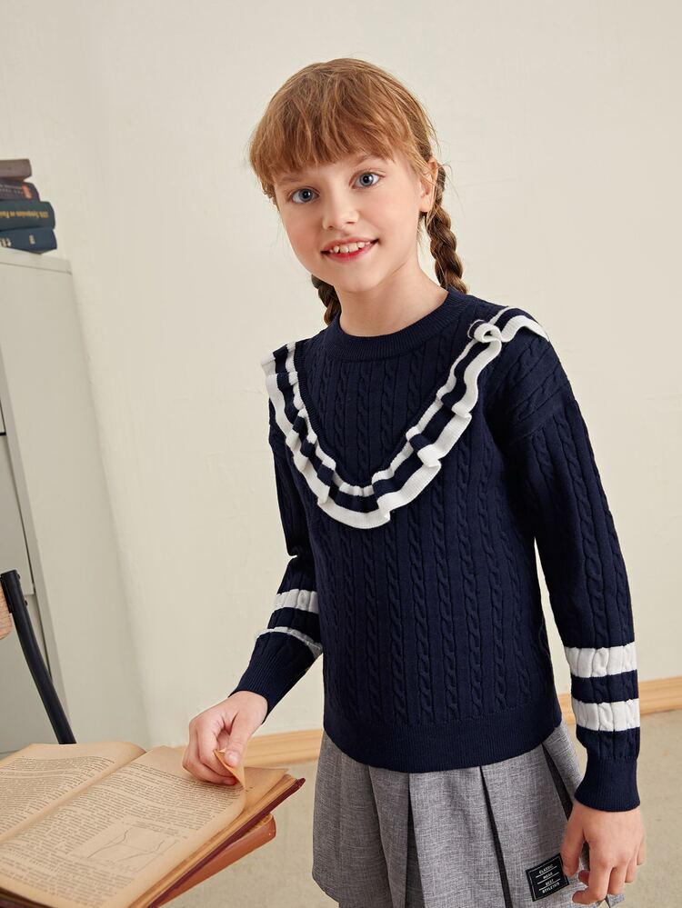 SHEIN Niñas Jersey de rayas ribete con fruncido - Azul Marino - Añade 5